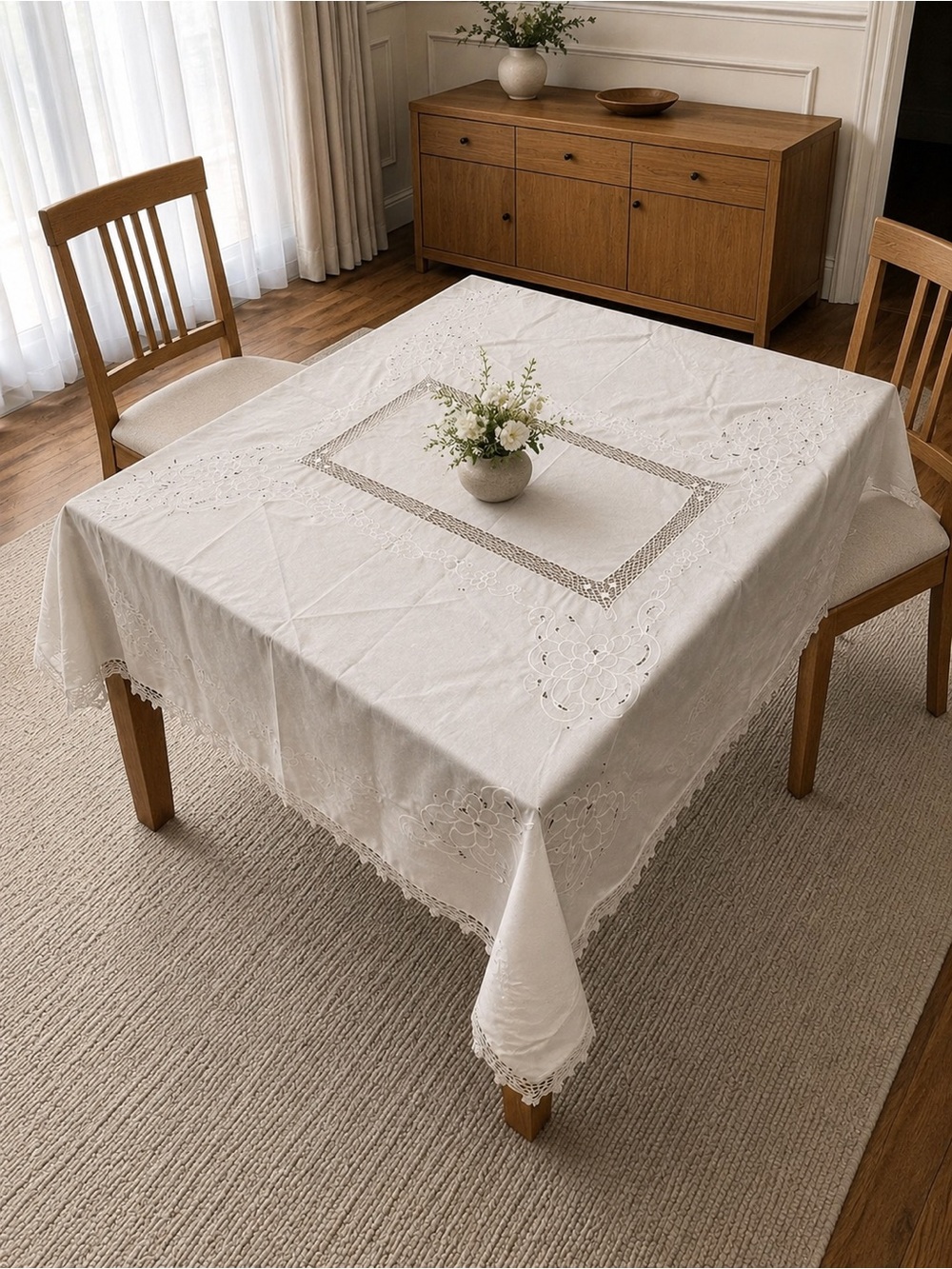 White Floral Embroidered Cutwork Tablecloth 50x60 Rectangle Crochet Lace Trim